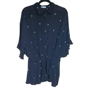 Ophelia Roe Black Button Up Tunic With Pink Roses Drawstring at waist Women's 3X